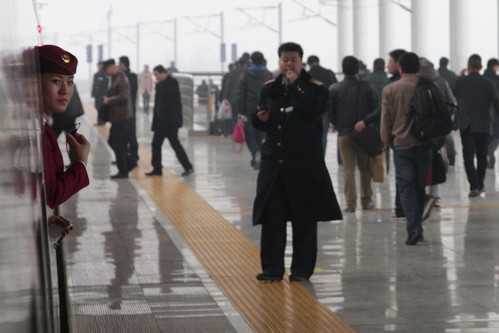 CRH staff await departure time from Luoyang Longmen Railway Station