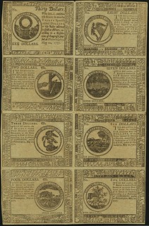 Lot 90338 Continental Currency May 20, 1777 Uncut Single Pane Sheet Blue Counterfeit Detector Notes front