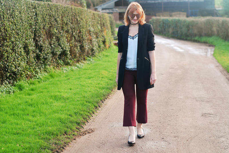Smart chic look with a blazer and camisole black blazer black and white camisole top burgundy kick flare trousers black block heels | Not Dressed As Lamb, over 40 style