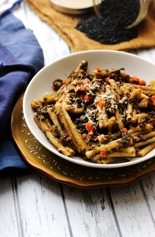 Hearty Pasta with Black Lentil, Carrot, and Chard Ragout