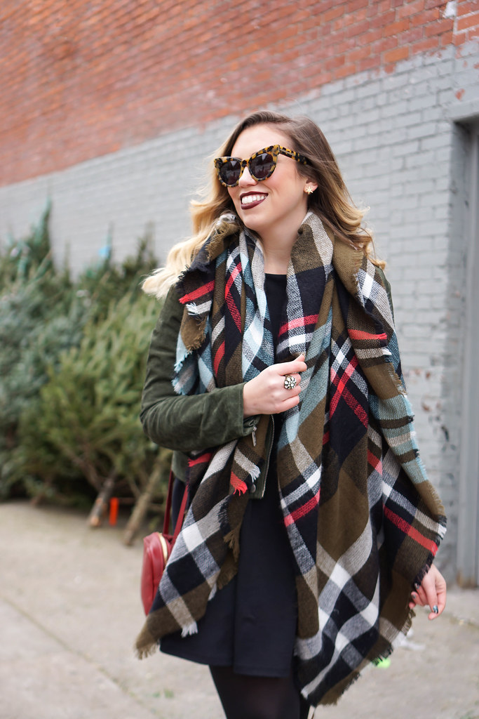 Blank NYC Olive Suede Moto Jacket | Plaid Scarf | Casual Holiday Outfit