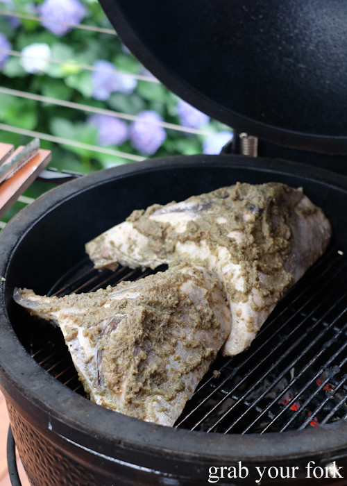 Kingfish head and collar on the barbecue at our Stomachs 11 Christmas dinner 2016