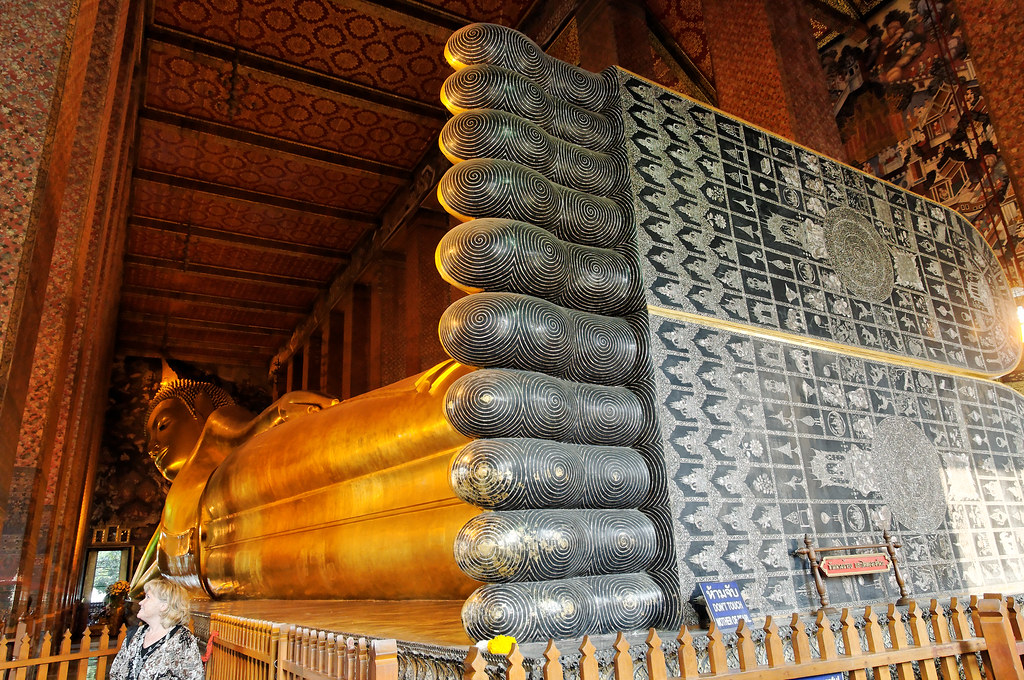 Reclining Buddha Wat Pho Thailand, feet end.