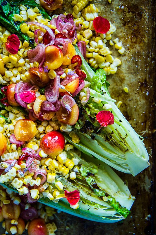 Grilled Romaine and Corn Salad with Pickled Cherries