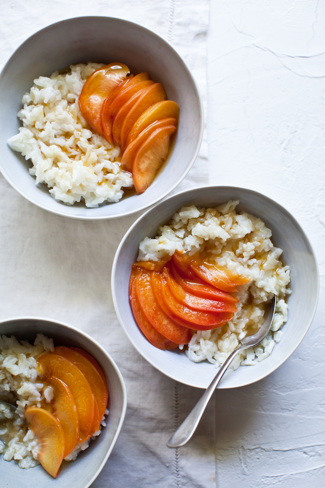 Chilled Rice Pudding with Citrus & Honey Poached Peaches