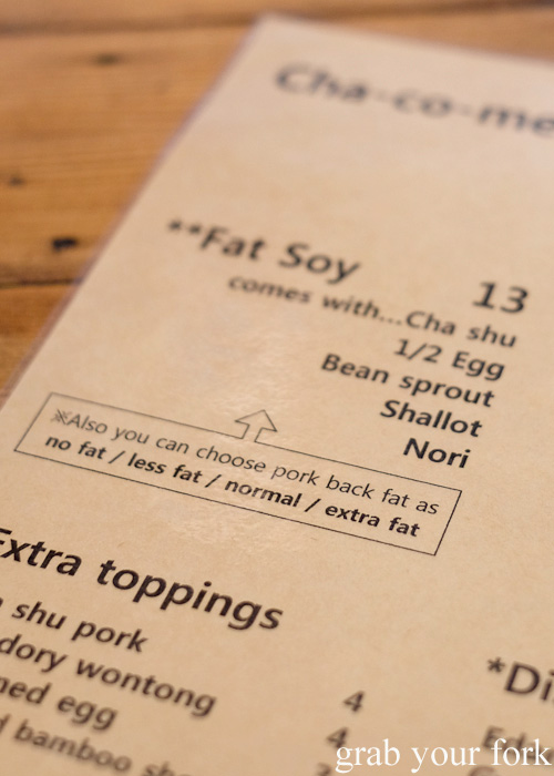 Pork back fat menu options for the fat soy ramen at Chaco Bar, Darlinghurst
