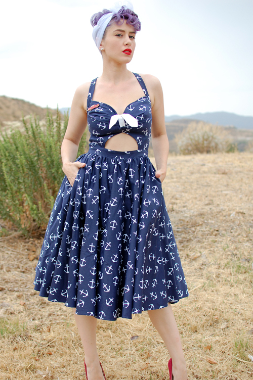 Pinup Girl Clothing Renee dress in Navy Anchor print