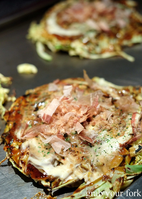 Beef and cheese okonomiyaki at DON in Osaka, Japan