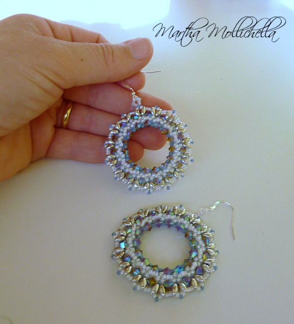 hand beaded earrings with swarovski crystals, beads and silver hook by Martha Mollichella Handmade Jewelry