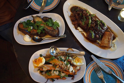 Feast of Merit, 117 Swan Street, Richmond, Melbourne - eggplant (roasted eggplant, smoked yogurt, harissa oil, pinenuts, parsley), carrots (heirloom/ common carrots, honeyed tahini, soft egg, dukkah spices), and a beef stew