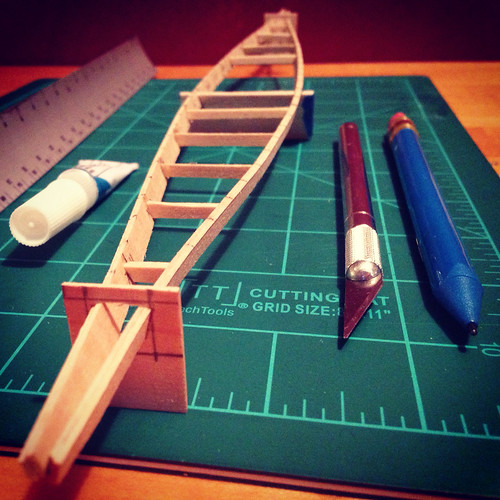 Greenland Kayak Model - Straight deck beams are in. Working on the curved ones and masik next.