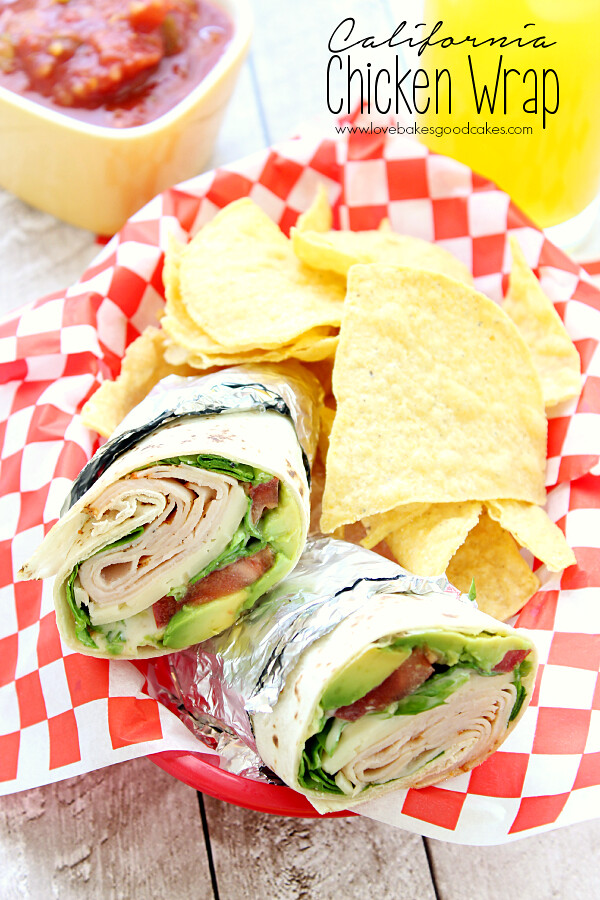 California Chicken Wrap cut in half with tortilla chips.