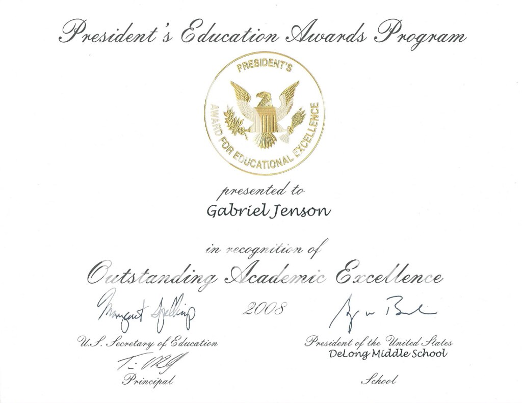 President's Education Awards Program - Outstanding Academic Excellence Certificate
