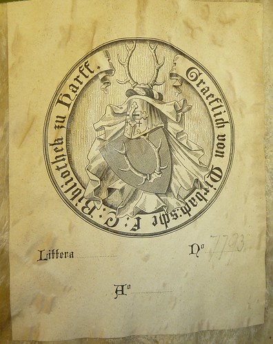 Bookplate (ca. 1888) of the Gräflich von Mirbach'sche Fidei Commissum Bibliothek zu Harff with arms of the Grafen von Mirbach-Harff"