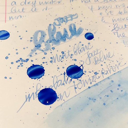 Testing MB Jazz Blue on tomoe river paper for sheen in this ink, I really doubt is has any. But well this will probably be dry like tomorrow or something before I can tell for sure. I do see potential for some pretty sky blue ink washes though!
