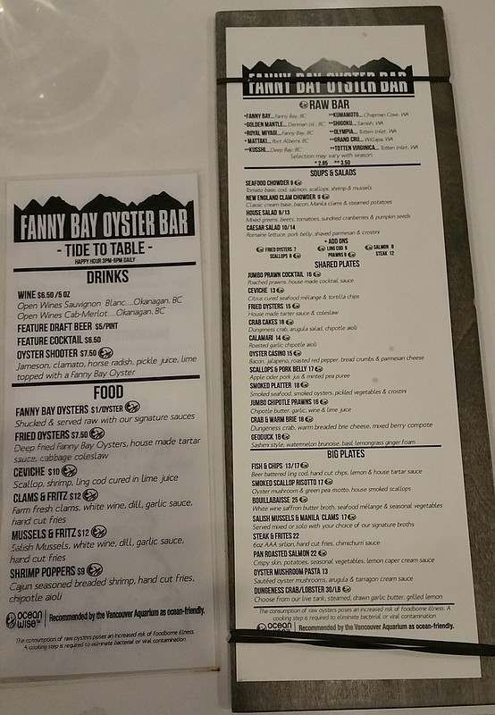 2016-Dec-3 Fanny Bay Oysters - menu