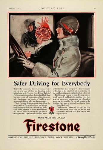 firestone ad, 1927, safe tires make it possible for women to drive