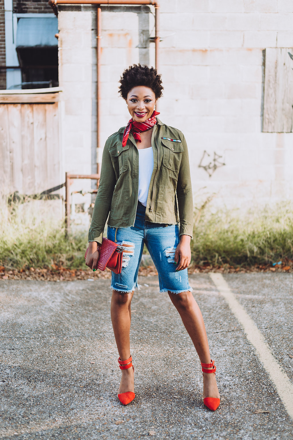 how to wear a utility jacket with heels