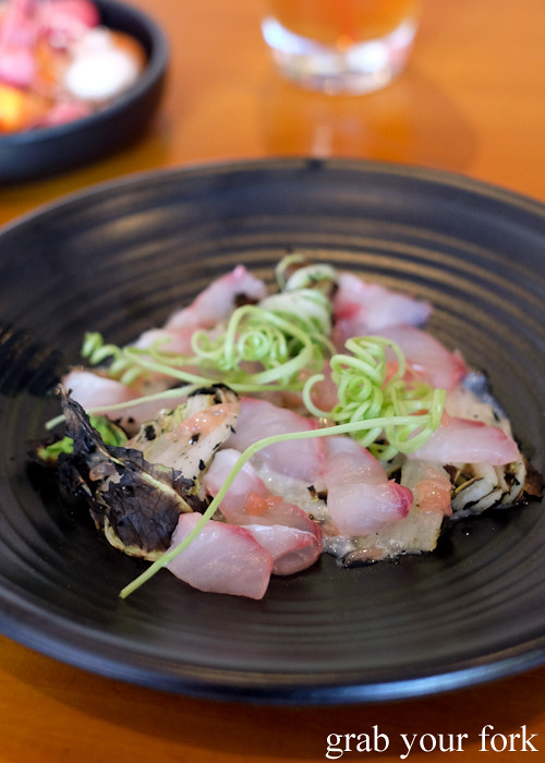 Sashimi silver trevally, soy milk and burnt cabbage at Good Luck Pinbone in Kingsford