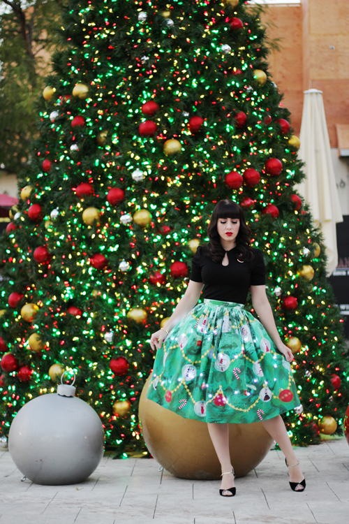 Unique Vintage 1950s Green Light Up Christmas Tree High Waist Swing Skirt Voodoo Vixen Black Dita Teese Keyhole Stretch Top
