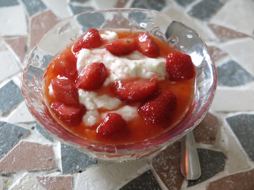 Vanille-Quark-Pudding mit Erdbeeren (vom Büfett auf der Feier des 50. Geburtstags eines Freundes)