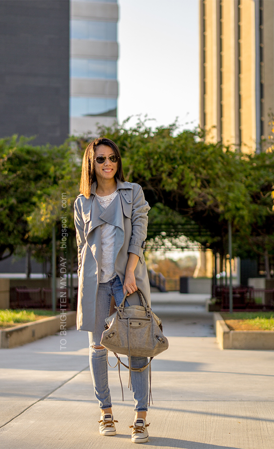 blue gray drape trench jacket, lace tee, lightwash distressed jeans, gray tote, canvas sneakers
