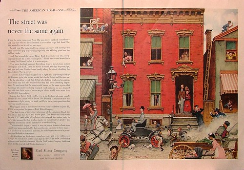 "The street was never the same again," 1953-Ford-magazine-ad-, 50th anniversary, art by Norman Rockwell