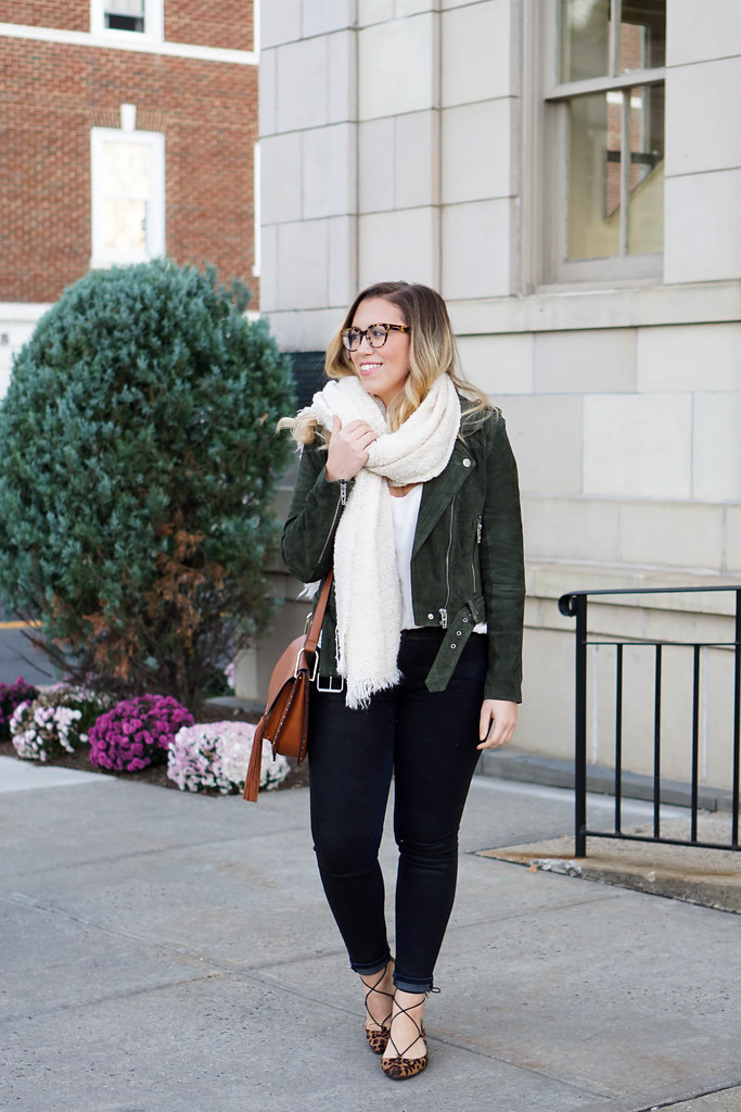 Blank NYC Green Suede Moto Jacket Lace Up Leopard Flats Prada Tortoise Glasses Casual Fall Outfit