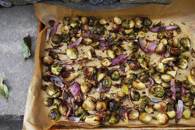 Roasted Brussel Sprouts and onion with balsamic glaze