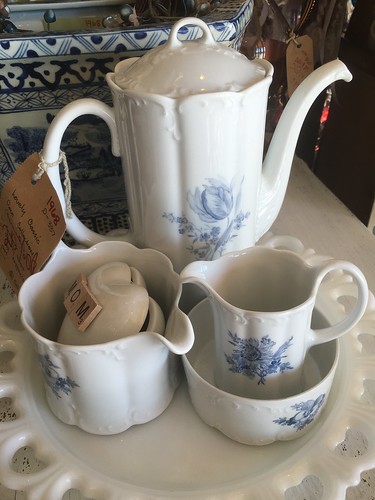 White and blue porcelain coffee pot set