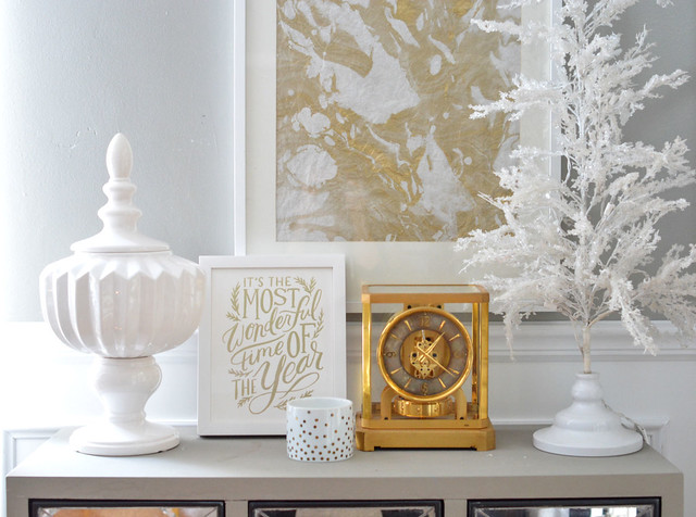 White tabletop decorations to Decorate for Christmas in Small Spaces