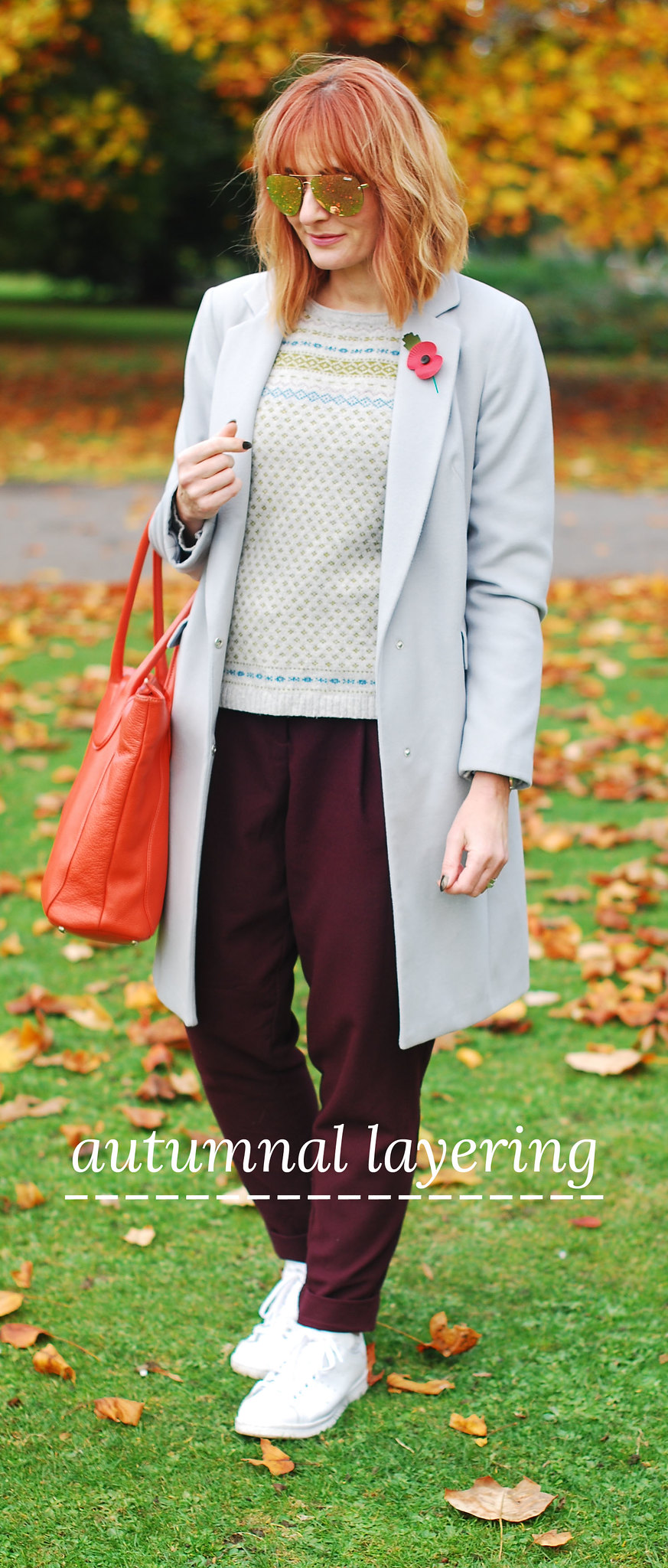 Autumn look fall outfit cold weather style grey duster coat, burgundy paper bag trousers, white Stan Smith sneakers, Fair Isle sweater | Not Dressed As Lamb, over 40 style