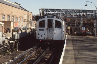 London Transport . 1956 Tube Stock 1008 . Departing Golders Green Station . 23rd-March-1979 .