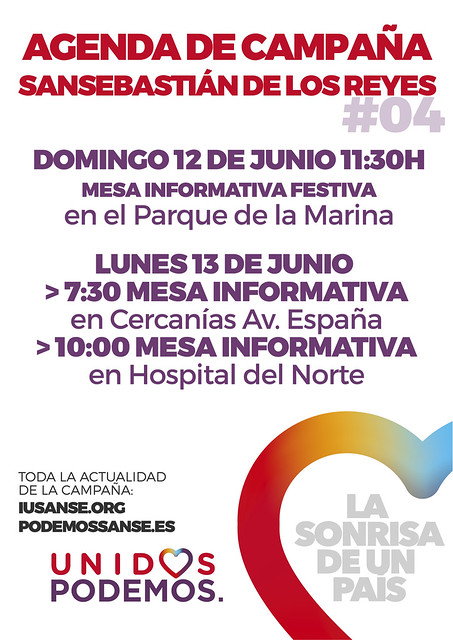 Agenda de Campaña #UnidosPodemos San Sebastián de los Reyes para las elecciones del 26J - Días 11 y 12 de Junio