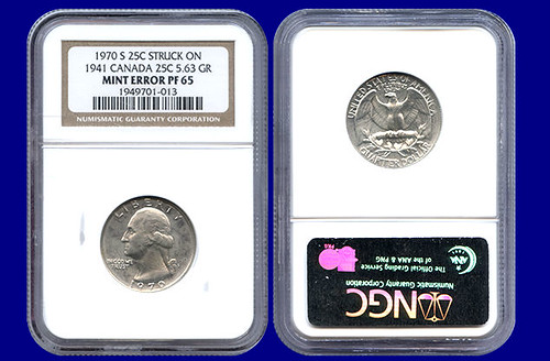 1970-s proof quarter struck on the back of a 1941 Canadian coin slabbed