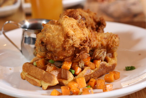 Fried Chicken, Waffles, Sweet Potato & Pork Belly Hash, Maple Syrup