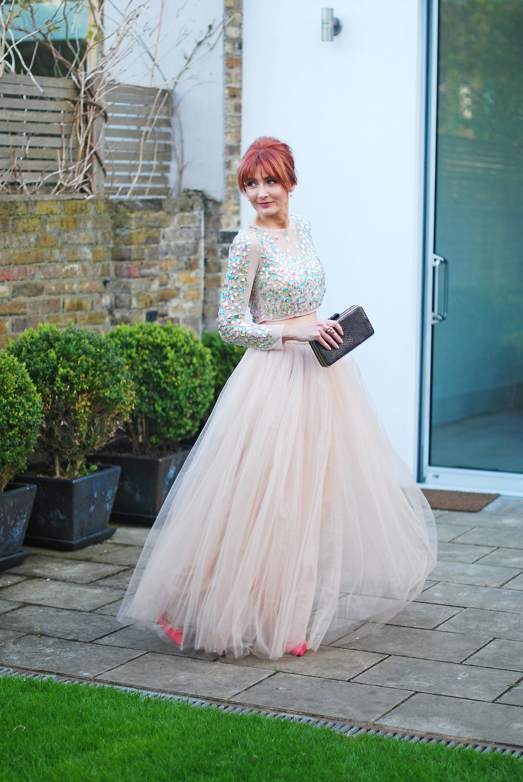 Fairy princess Cinderella style: Blush pink crystal covered crop top, floor length tulle skirt, pink pointed heels | Evening wear, gown, dress | Not Dressed As Lamb