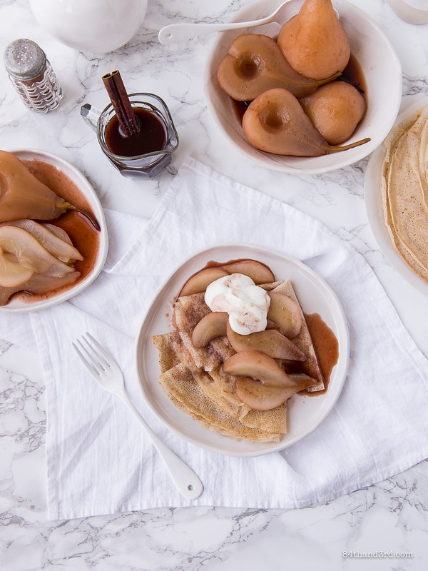 Spelt Crepes Mulled Wine Poached Pears