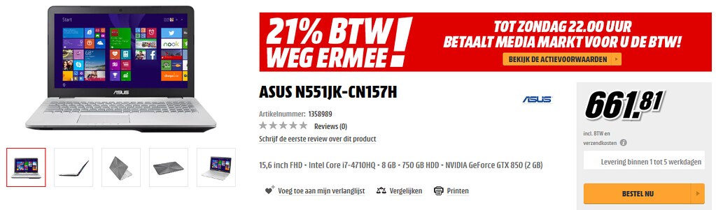 Asus N551JK-CN157H Media Markt BTW-vrij