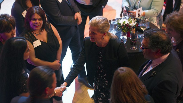 Stars of Alberta Volunteer Award recipient Ravina Anand is greeted by Her Highness, The Countess of Wessex, in Calgary, June 24.