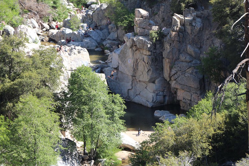 Zoomed-in view of a man jumping off the cliff into a deep pool in Deep Creek