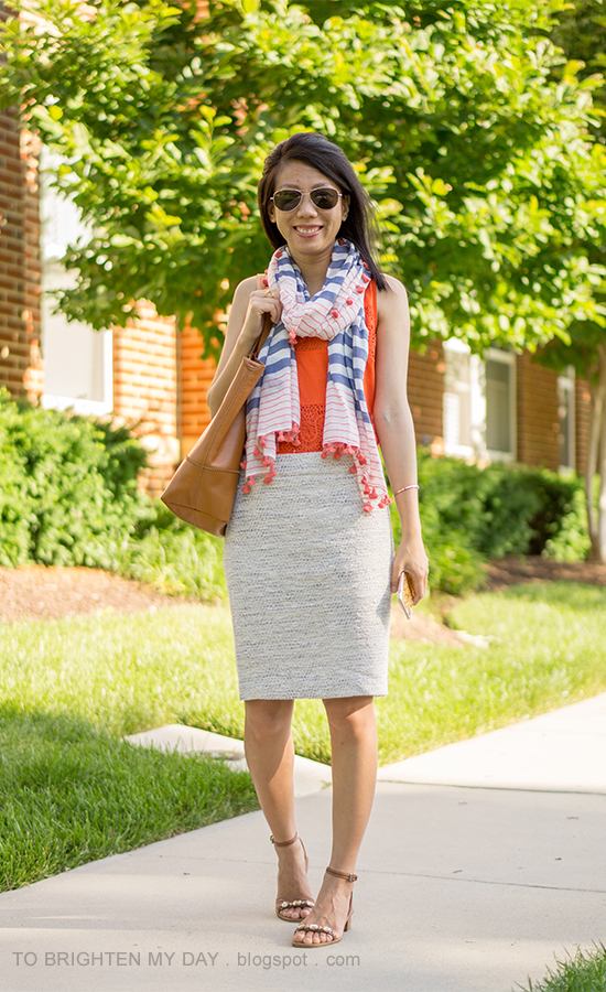 striped and pom pom scarf, orange lace tank, blue/green tweed pencil skirt, cognac brown tote, brown jeweled sandals