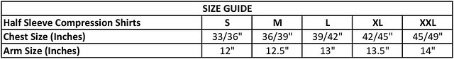 SIZE GUIDE - HALF SLEEVE COMPRESSION SHIRTS