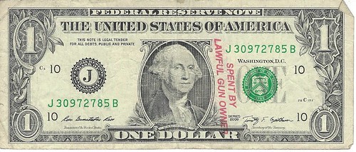 Spent by lawful Gun Owner overstamp on $1 bill