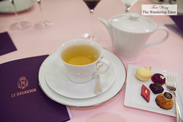 Earl grey tea and my plate of petit fours and my copy of tonight's menu