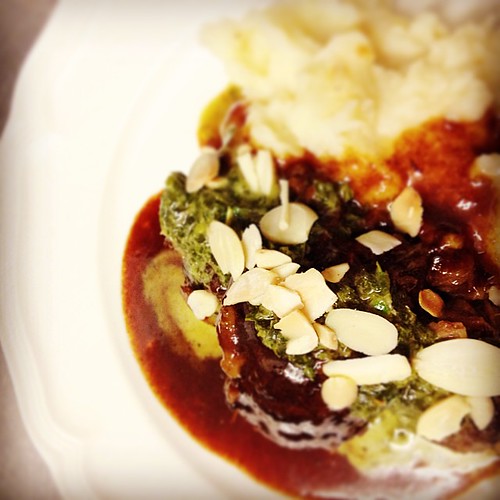 Pigs cheeks in a sticky PX sherry sauce with gremolata, toasted almonds and celeriac mash @themoveablefeastpopup