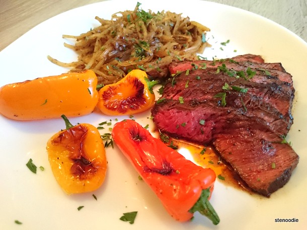 Espresso Rubbed Steak with Crispy Shredded Potatoes and Baby Bell Peppers