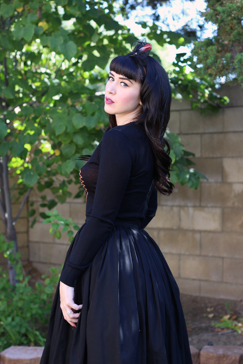 Lucy Fur Sweater by Sourpuss Pinup Girl Clothing Pinup Couture Jenny Skirt in Black Sateen