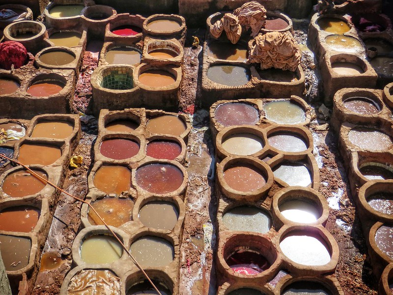 Above the coloured tannery pits in Fes, Morocco