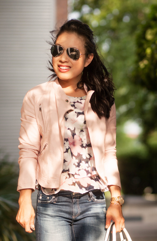 cute & little blog | petite fashion | pink blush moto jacket, floral chiffon top, ag distressed jeans, converse chuck taylor sneakers | casual spring outfit